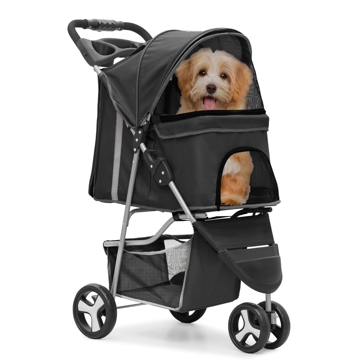 MoNiBloom Foldable Pet Stroller with Weather Cover- Wheels Pet Strolling Cart for Small Medium Dogs and Cats with Storage Basket and Cup Holder- Breathable and Visible Mesh for All-Season- Black